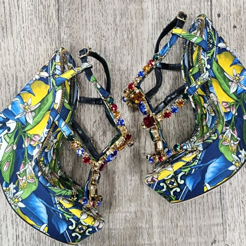 Dolce & Gabbana Multicolor Rhinestone Blue Floral Platform Wedge Sandal 6 1/2 - Picture 5 of 11
